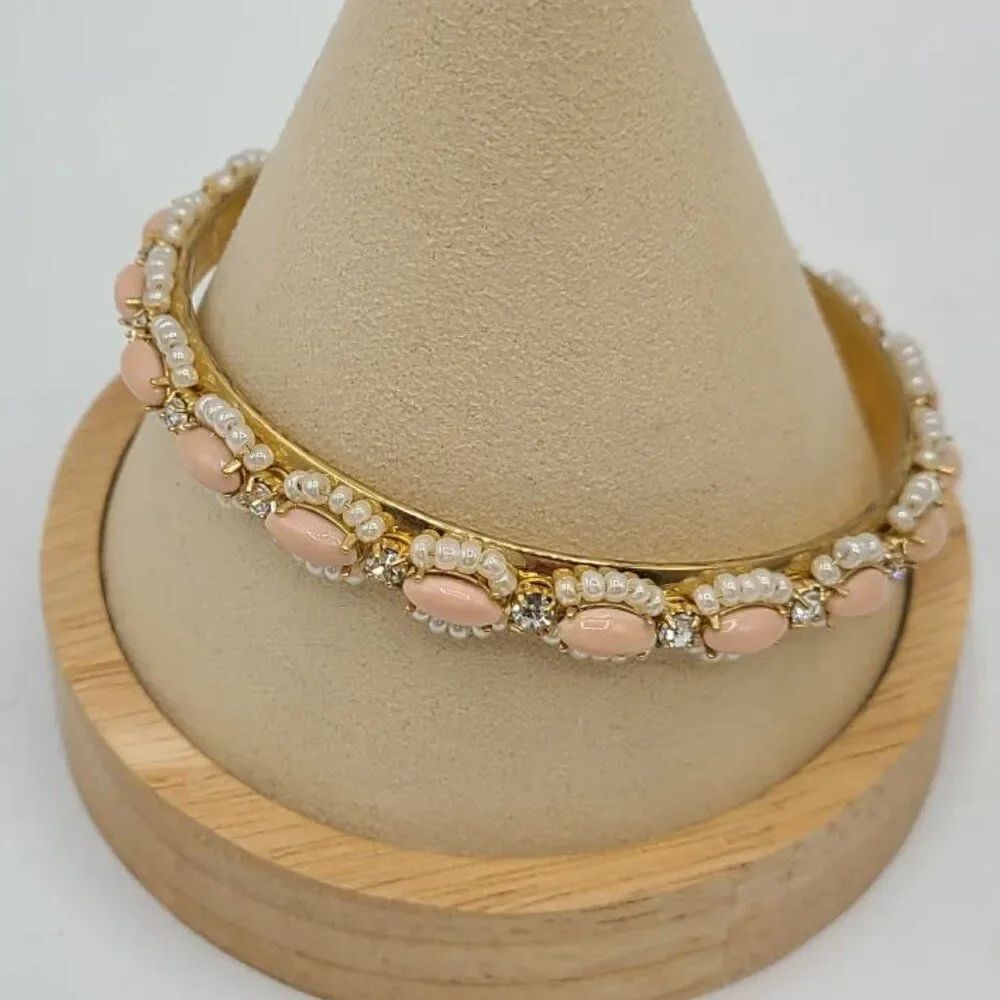 J Crew Pink Resin Seed Pearl Gold Tone Bangle Bracelet